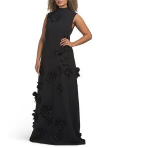 RENE BY RENE RUIZ Black Mock Neck Gown With 3d Appliques